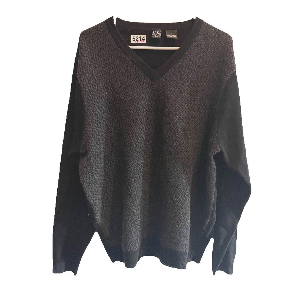 Saks Fifth Avenue V Neck Cashmere Sweater Black Gray Large Mens Luxury Classic